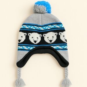 M7) Toddler Polar Bear Knit Winter Hat with Ear Flaps & Pom – Gray/Blue